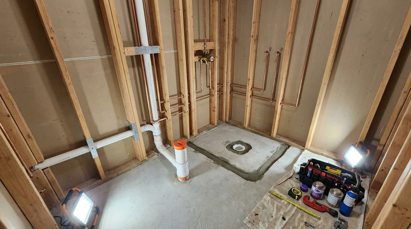 Bathroom rough-in plumbing during remodel by Johns Plumbing LLC in Hubbard