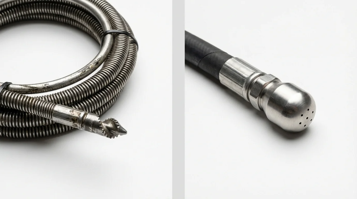 Drain snake cable and hydro jetting nozzle used for drain cleaning in Hubbard, TX
