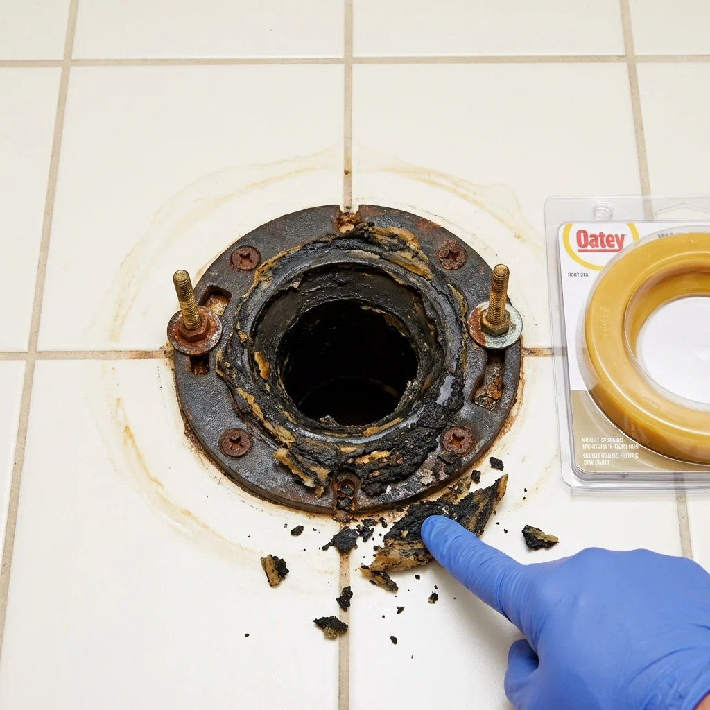Failed wax ring showing water seepage at the base of a toilet in a Hubbard, TX home