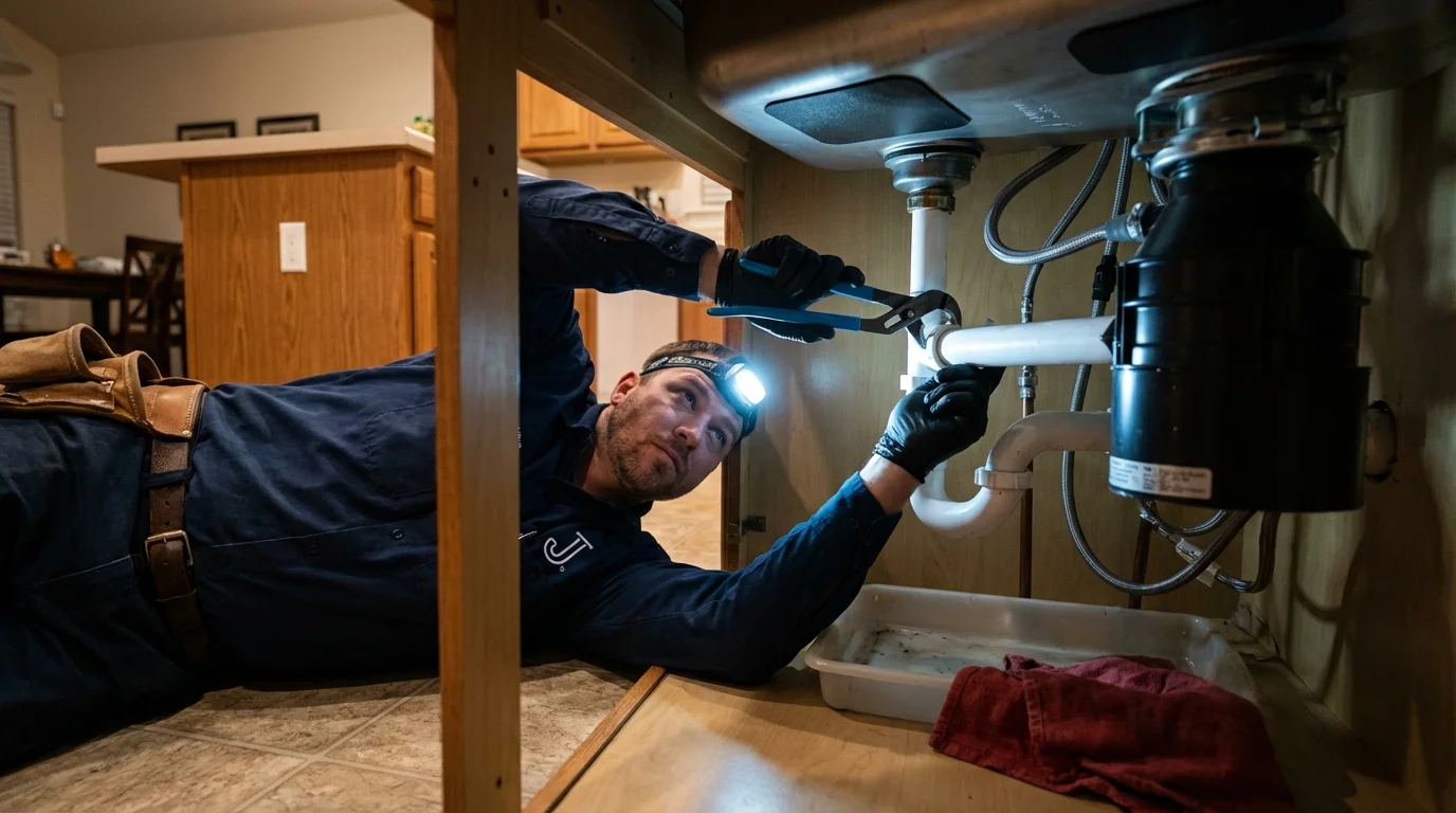 P-trap and supply line connections under a kitchen sink showing a common leak point in Hubbard, TX